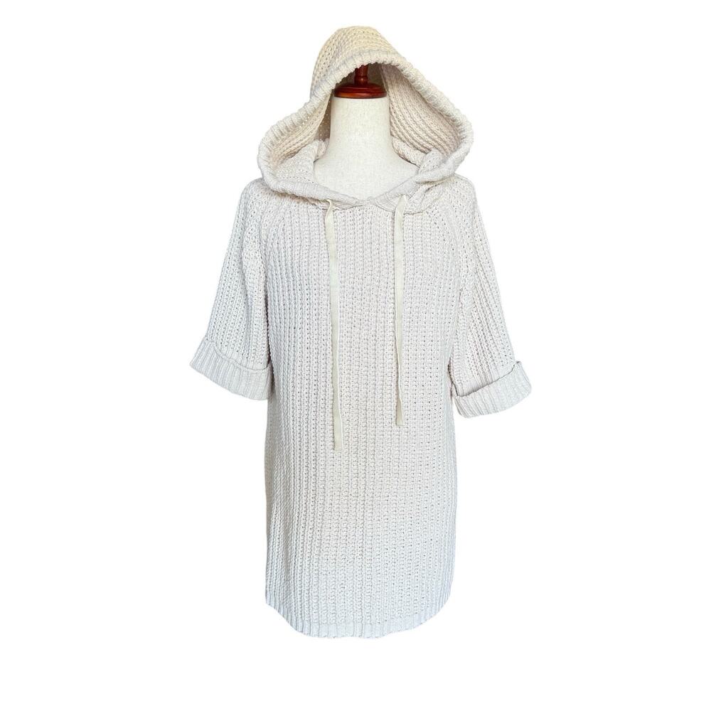 POL Chunky Knit Hooded Sweater Dress Top Cream Short Sleeve Pullover Size M